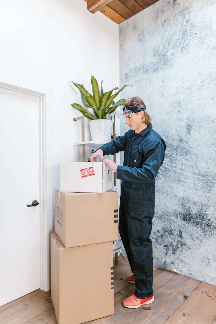 approach-img A man in coveralls stacking cardboard boxes next to a potted plant indoors.